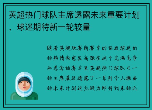 英超热门球队主席透露未来重要计划，球迷期待新一轮较量